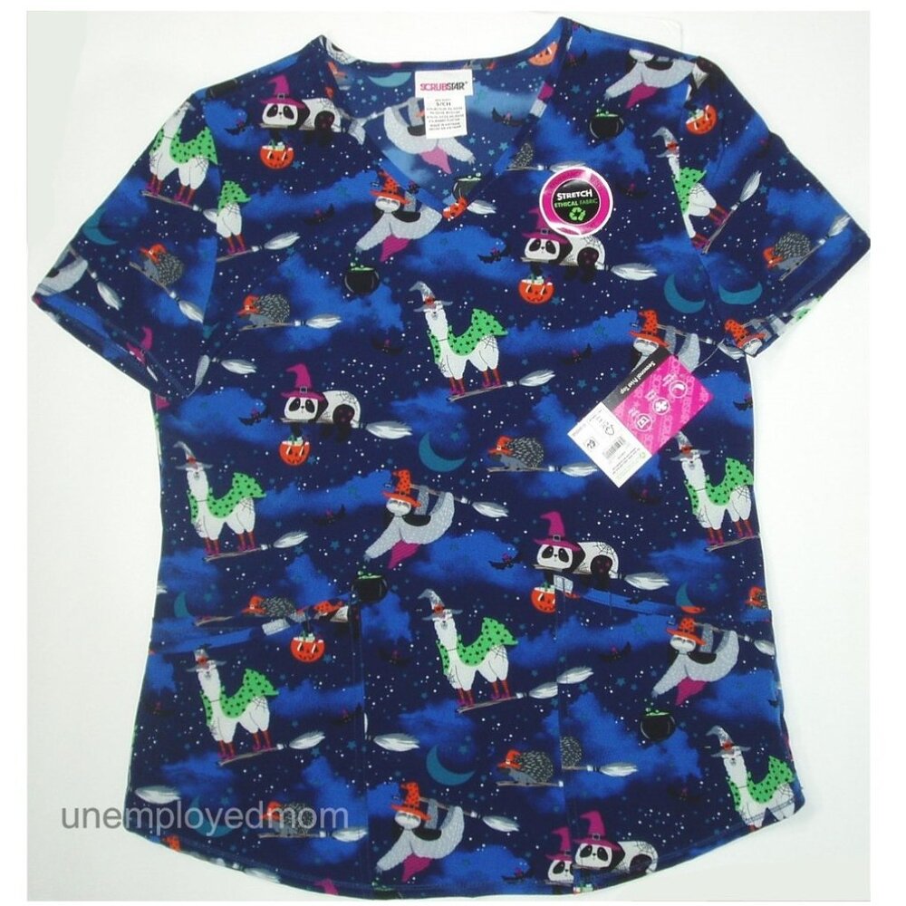 Halloween Scrub Top Pumpkin Pandas IIamas Sloths Hedgehogs Women's Shirt